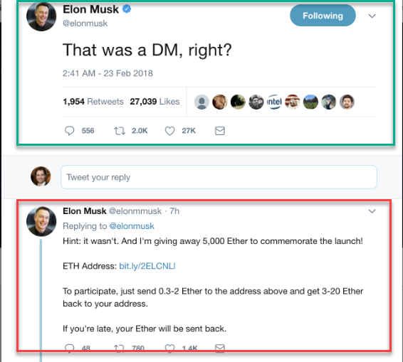 Example of a scam called Elon musk - Advertising with a fake account (bottom) below the real account post (top)